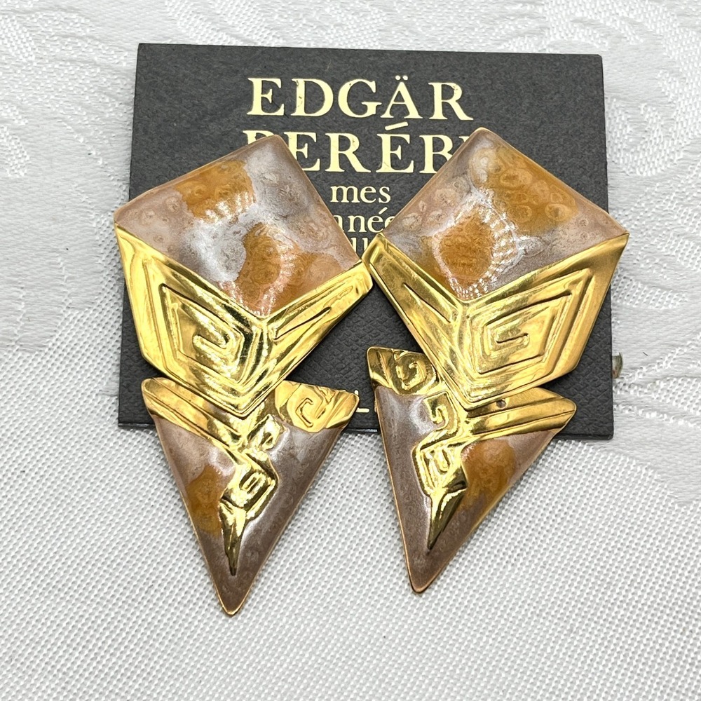 Vintage Edgar Berebi‎ Gold Tone & Brown Enamel Pointed Clip Earrings 80s NOS